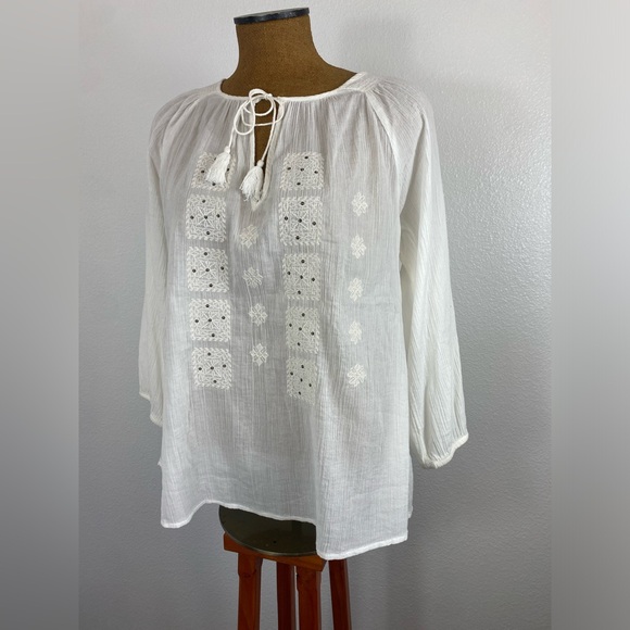 Joie Womens Peasant Blouse White Embroidered Embellished In Sequence M Tie Neck - Picture 4 of 15